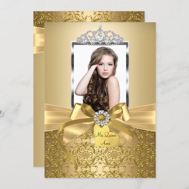 Pretty Gold Bow & Tiara Quinceanera Invitation (Front/Back)
