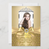 Pretty Gold Bow & Tiara Quinceanera Invitation (Front)