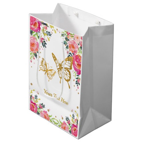Pretty Gold Butterfly  Pink Watercolor Floral Medium Gift Bag
