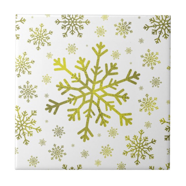 Pretty Gold Christmas Snowflakes on Winter White Ceramic Tile (Front)