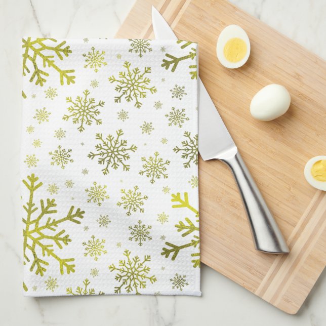 Pretty Gold Christmas Snowflakes on Winter White Kitchen Towel (Quarter Fold)