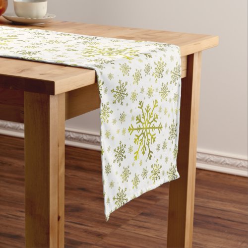 Pretty Gold Christmas Snowflakes on Winter White Short Table Runner