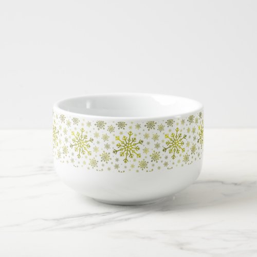 Pretty Gold Christmas Snowflakes on Winter White Soup Mug