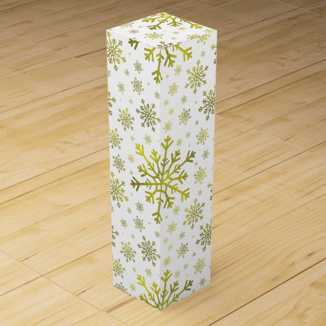 Pretty Gold Christmas Snowflakes on Winter White Wine Box (Front)