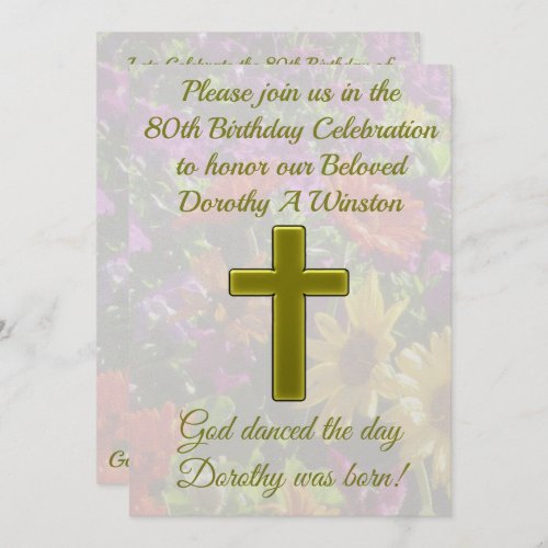 PRETTY GOLD CROSS 80TH BIRTHDAY INVITATION