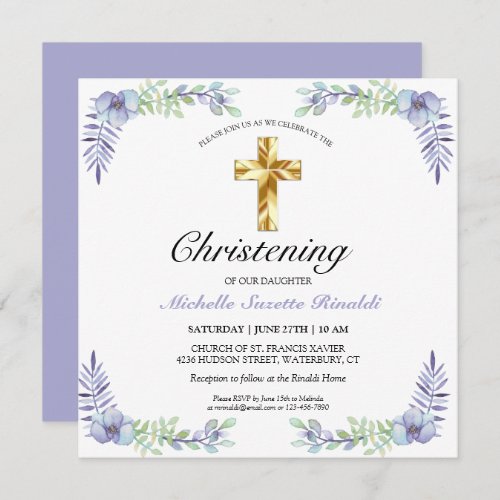 Pretty Gold Cross Lavender Floral Christening  Card