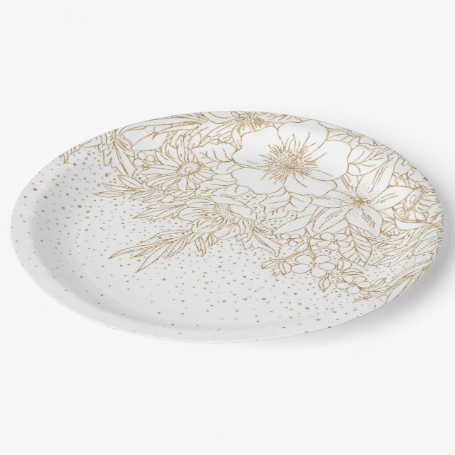 Pretty Gold dots floral Paper Plates (Angled)