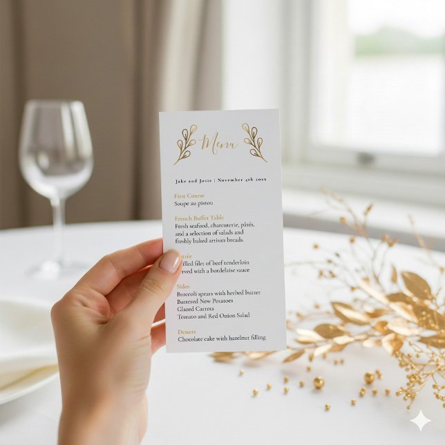 Pretty gold effect petals  wedding table menu (Gold leafy wedding menu)