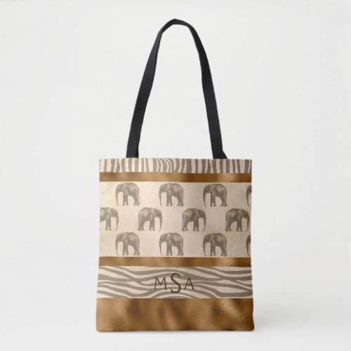 Pretty Gold Elephant Tiger Chic Stylish Monogram Tote Bag