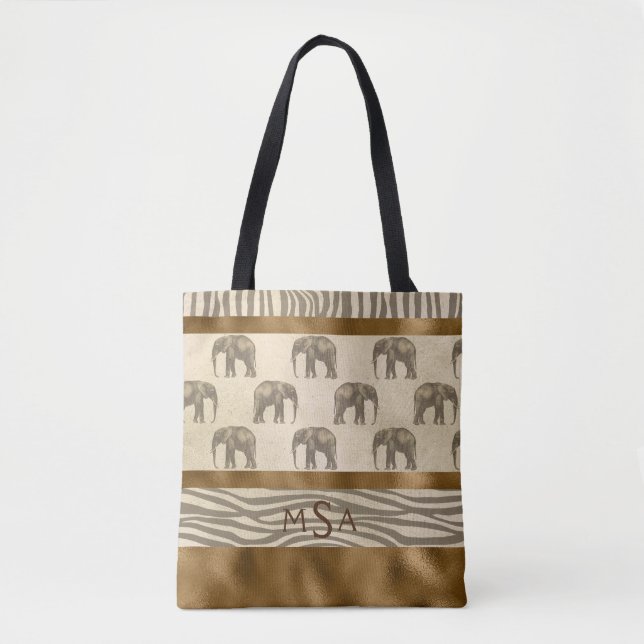 Pretty Gold Elephant Tiger Chic Stylish Monogram Tote Bag (Front)