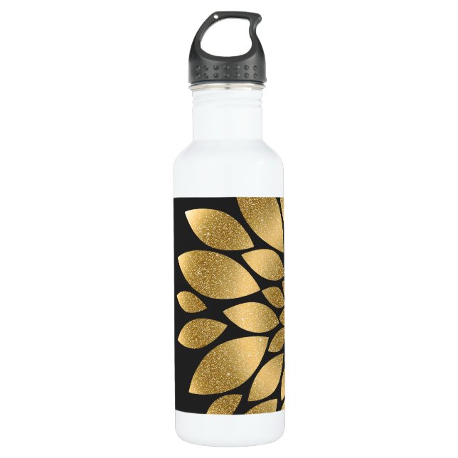 Pretty gold faux glitter abstract flower water bottle (Front)