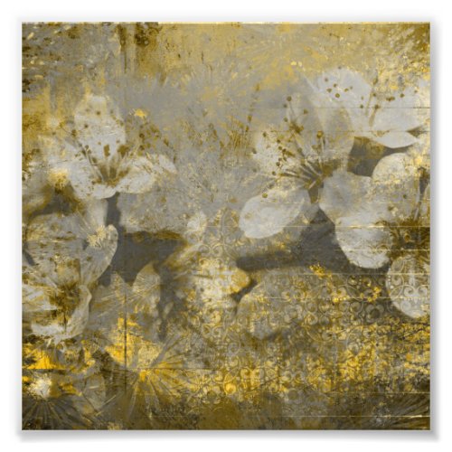 Pretty Gold Flecked Floral Grayscale Photo Print