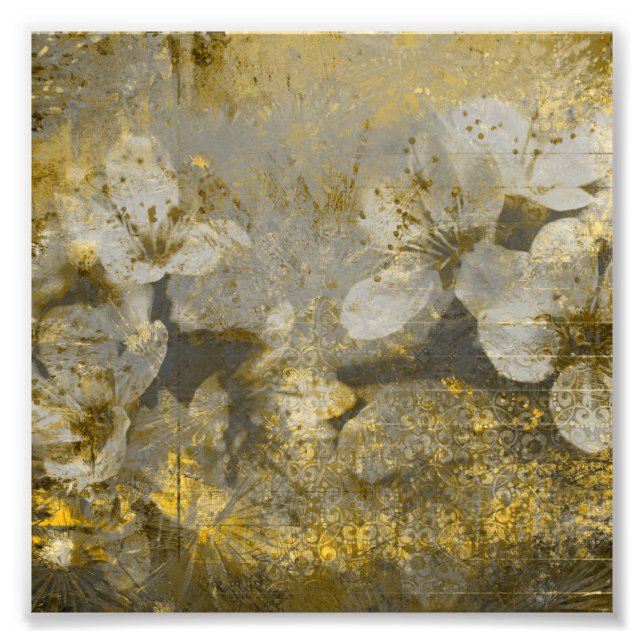 Pretty Gold Flecked Floral Grayscale Photo Print (Front)