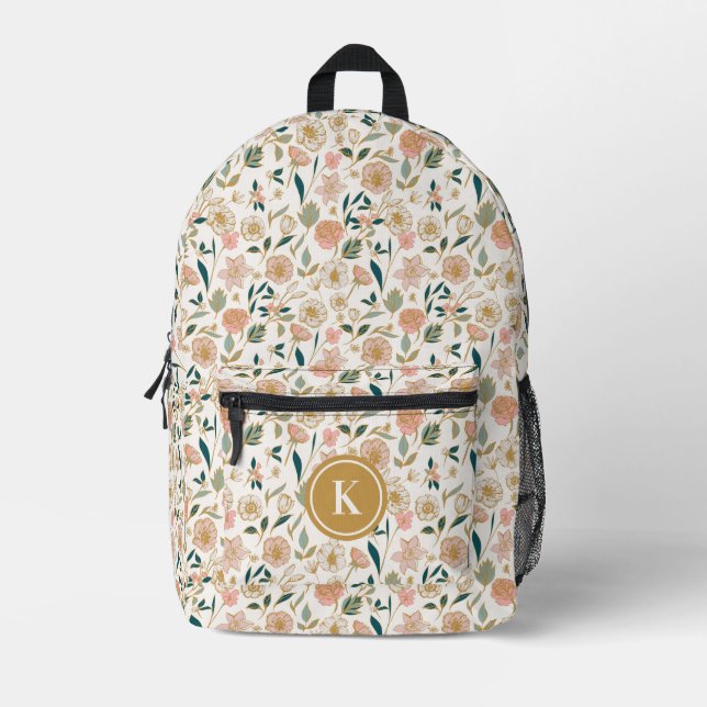 Pretty Gold Floral Pattern Ivory Monogram Printed Backpack (Front)