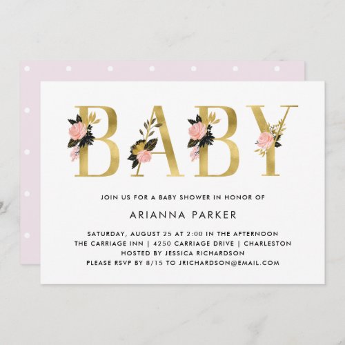 Pretty Gold Floral Text  Baby Shower Invitation