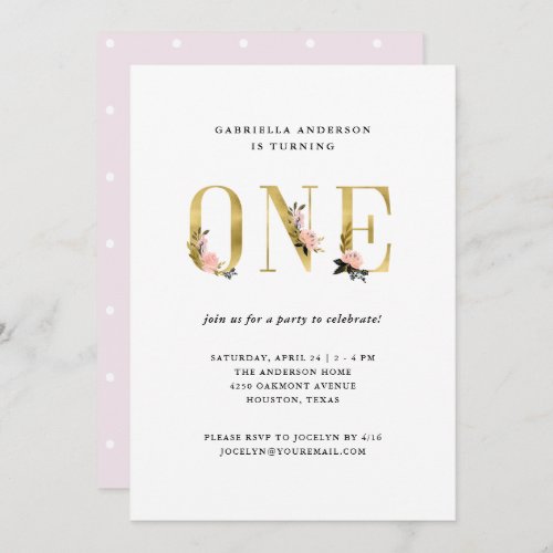 Pretty Gold Floral Text  First Birthday Party Invitation