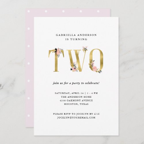 Pretty Gold Floral Text  Second Birthday Party Invitation