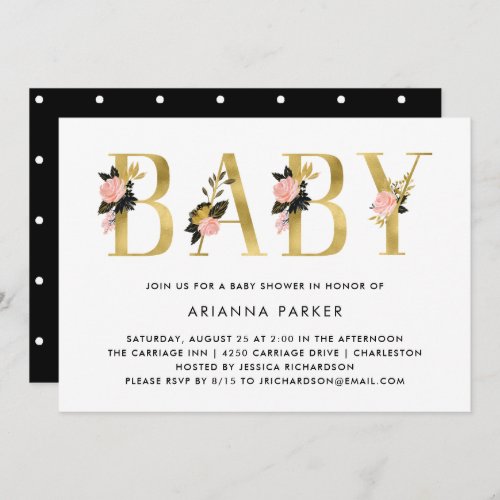 Pretty Gold Floral Text with Black  Baby Shower Invitation