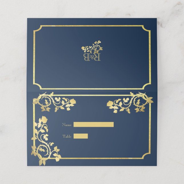 Pretty Gold Foil Roses on Dark Blue Wedding Place Card (Outside Unfolded)