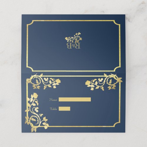 Pretty Gold Foil Roses on Dark Blue Wedding Place Card