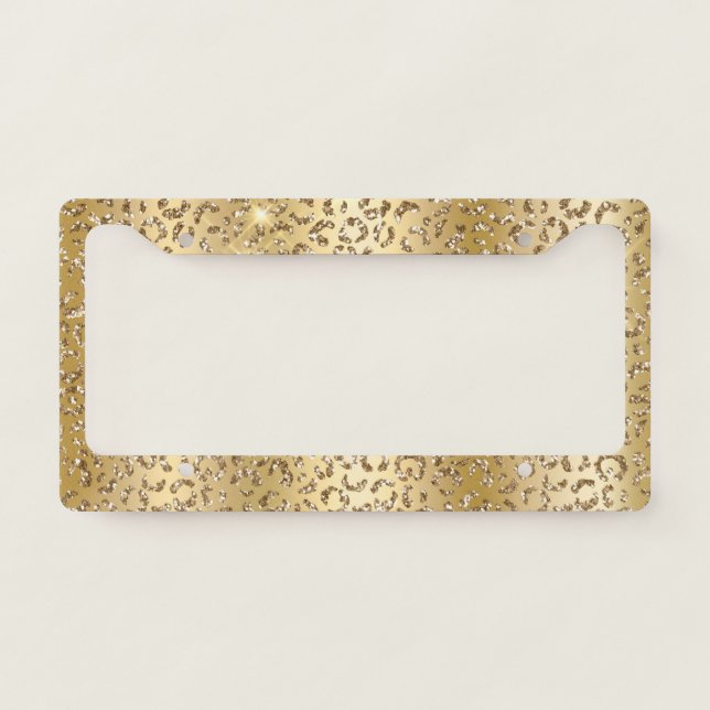 Pretty Gold Glam Glitter Leopard Print License Plate Frame (Front)