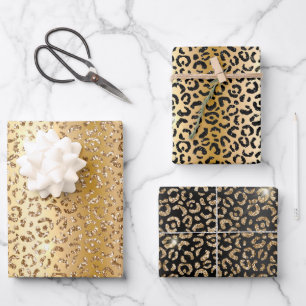Pretty Gold Glam Glitter Leopard Wrapping Paper Sheets