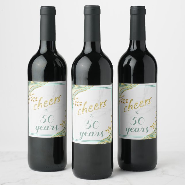 Pretty Gold Glitter Cheers to 50 Years Turquoise Wine Label (Bottles)
