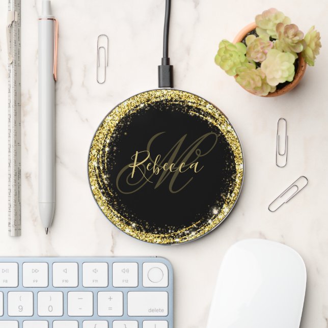 Pretty Gold Glitter Monogram Name Black Glam Wireless Charger (Desk)