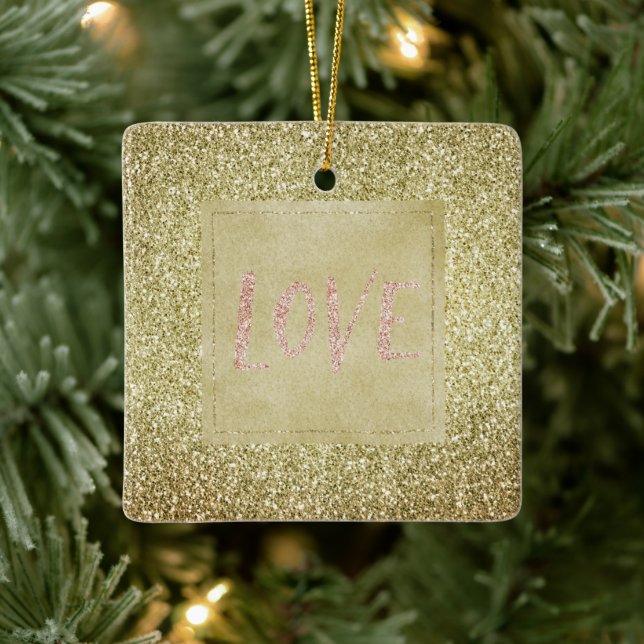 Pretty Gold Glitzy Glitter Christmas Pink Love Ceramic Ornament (Tree)