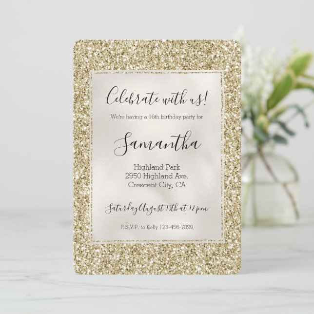 Pretty Gold Glitzy Glitter   Invitation (Standing Front)
