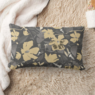 Pretty Gold Gray Floral Pattern Lumbar Pillow