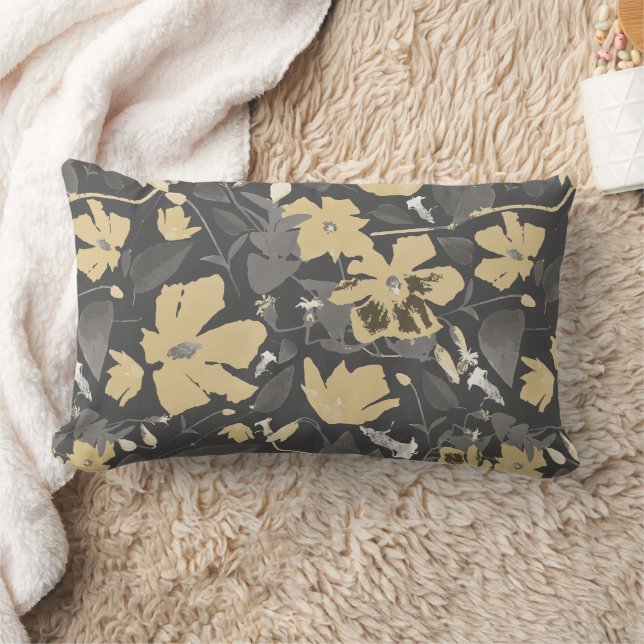Pretty Gold Gray Floral Pattern Lumbar Pillow (Blanket)