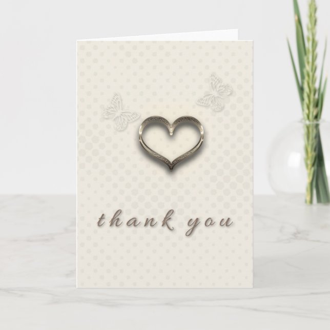 Pretty Gold Heart Butterflies Cream Thank you Card (Front)