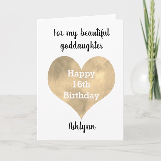 Pretty Gold Heart Happy 16th Birthday Goddaughter Card (Front)