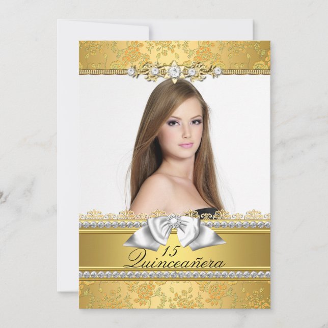 Pretty Gold Lace Photo Quinceanera Invitation (Front)