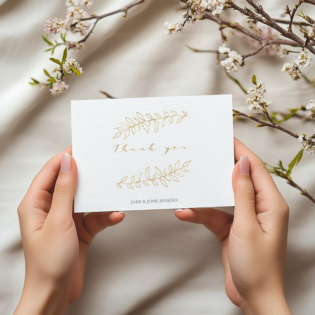 Pretty gold leaves, wedding thank you card (Gold leaf thank you card with elegant script and couple’s names)