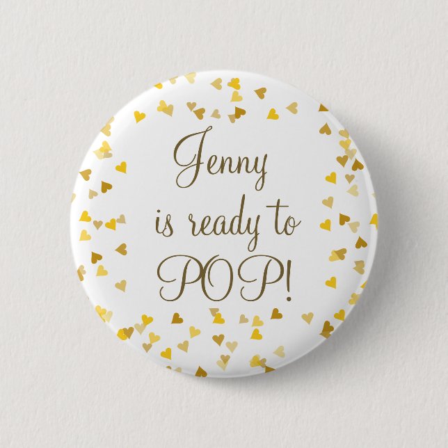 Pretty Gold Love Hearts Ready to Pop Baby Shower Button (Front)