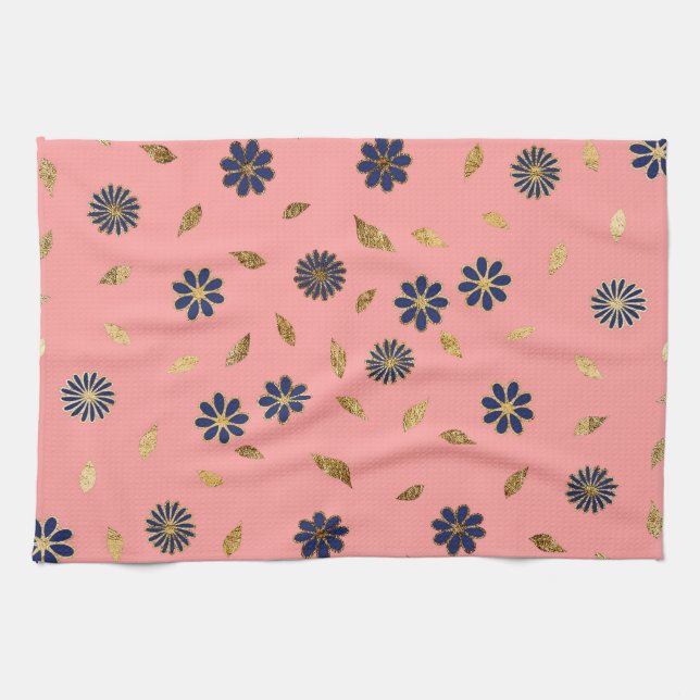 Pretty Gold Navy Blue Pink Flowers and Leaves Kitchen Towel (Horizontal)