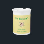 Pretty Gold Parchment Beverage Pitcher<br><div class="desc">Great for entertaining guests, this pretty gold parchment pitcher is personalized and stunning. With an impressive gold parchment background all text is written in green. "Your name" and "Love is our secret ingredient" a lovely pink and green floral display in the middle. Purchase yours today! Floral Artwork created by: AMBillustrations...</div>