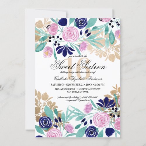 Pretty Gold Pink Navy Floral Watercolor Sweet 16 Invitation