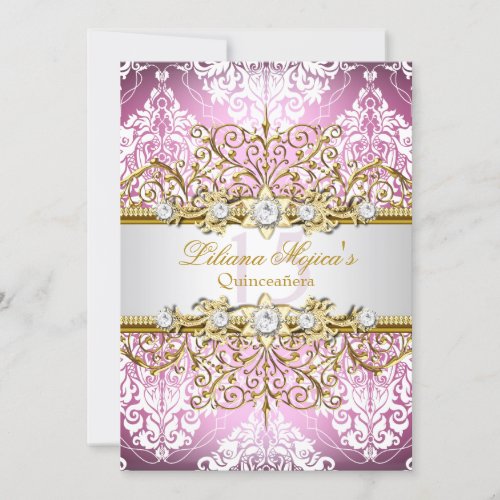 Pretty Gold Pink Vintage Glamour Quinceanera Invitation