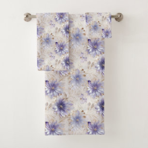Pretty Gold Purple Pearl White Flowers Bath Towel Set