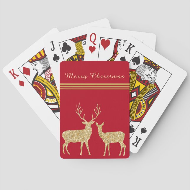 Pretty Gold & Red Deer Merry Christmas Holiday Poker Cards (Back)