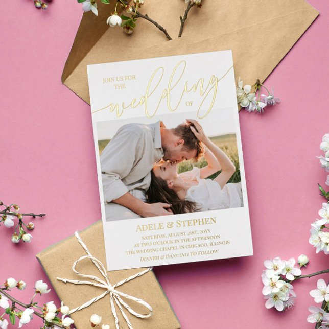 Pretty Gold Script Photos Double Sided Wedding Foil Invitation (Creator Uploaded)