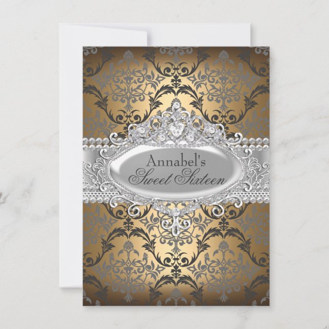 Pretty Gold & Silver Damask Sweet 16 Invite (Front)