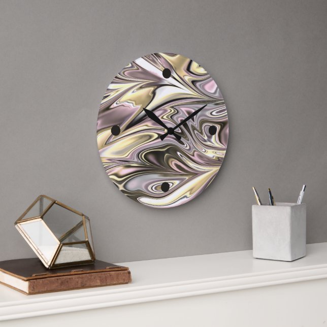 Pretty Gold Silver Gray Pink Waves Art Pattern Large Clock (Office)
