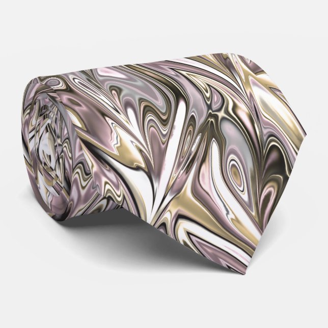 Pretty Gold Silver Pink Marbled Swirls Pattern Neck Tie (Rolled)