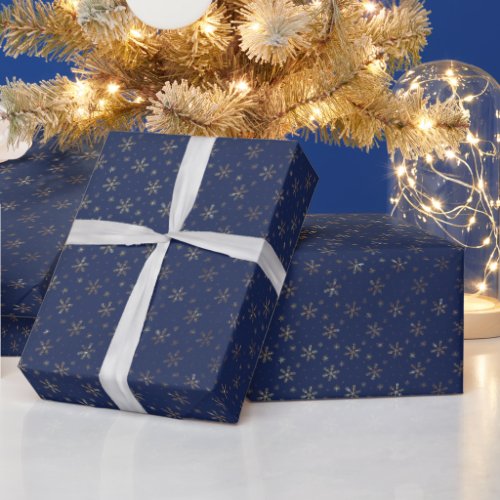 Pretty Gold Snowflakes Dark Blue Christmas Wrapping Paper