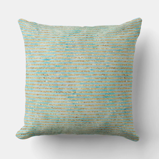 Pretty Gold Sparkle Aqua Watercolor Stripes Throw Pillow (Front)