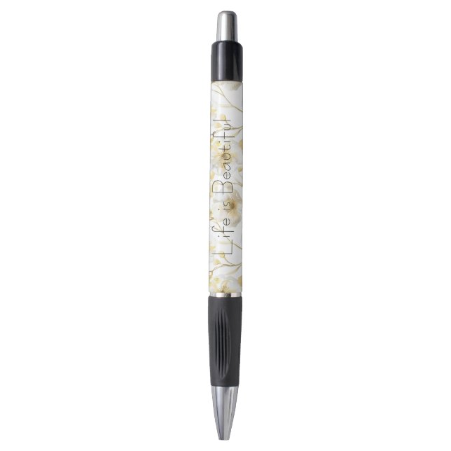 Pretty Gold White Flowers  Pen (Front Vertical)